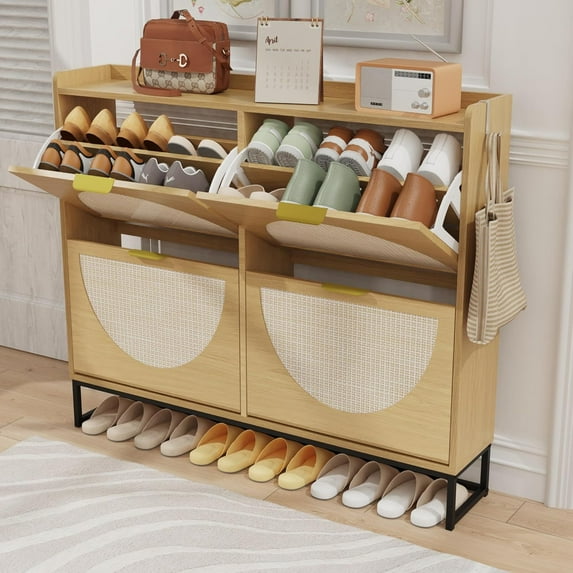 KIGOTY Narrow Shoe Storage Cabinet, Rattan Shoe Cabinet with 4 Flip Drawers, Freestanding Wooden Shoe Organizer with Legs for Entryway, Shoe Rack Cabinet for Foyer (Rattan Oak)