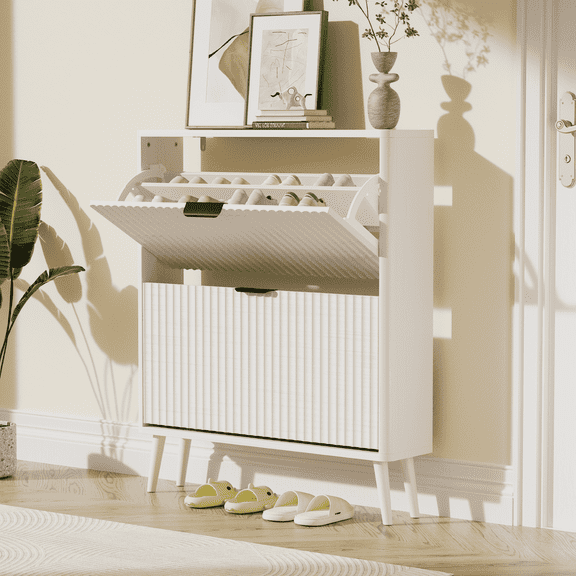 KIGOTY Narrow Shoe Storage Cabinet with 2 Flip Drawers,Fluted Freestanding Organizer with Adjutable Shelves for Entryway & Foyer Hallway,White
