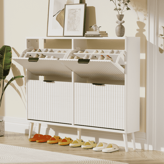 KIGOTY Narrow Shoe Storage Cabinet with 4 Flip Drawers,Fluted Freestanding Organizer with Adjutable Shelves for Entryway & Foyer Hallway,White