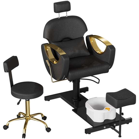 KIGOTY Pedicure Chair with Massage Foot Bath, Hydraulic Foot Chair for Foot Bath Pedicure Chair 360° Rotation with Decorative Pillow, Height Adjustable Pedicure Unit Station, Black-Gold