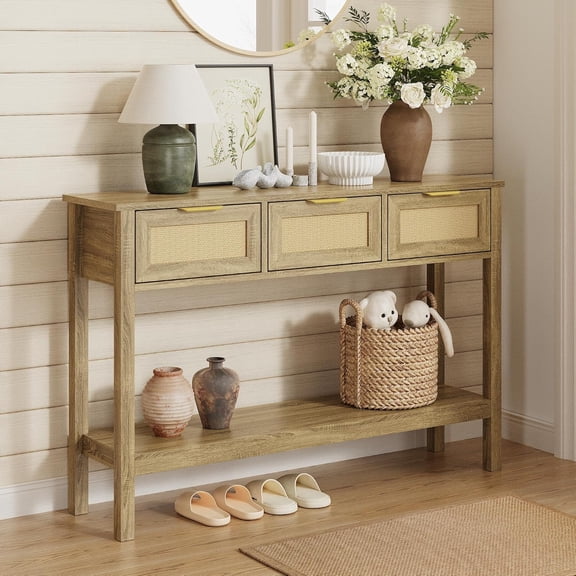 KIGOTY Rattan Console Table with Charging Station, Narrow Long Sofa Table Behind The Couch, Boho Entryway Table with 3 Drawers for Hallway, Living Room (Brown-Yellow, Faux Rattan)