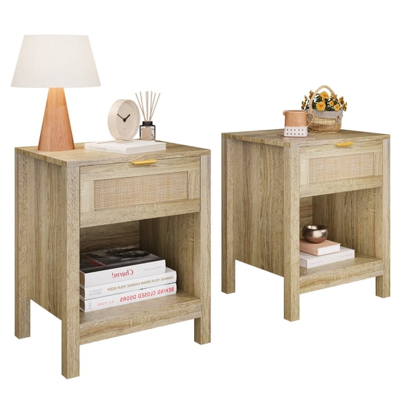KIGOTY Rattan Nightstand Set of 2, Night Stand Bedside Table with Drawer, Farmhouse End Side Table with Open Shelf for Bed Room, Oak