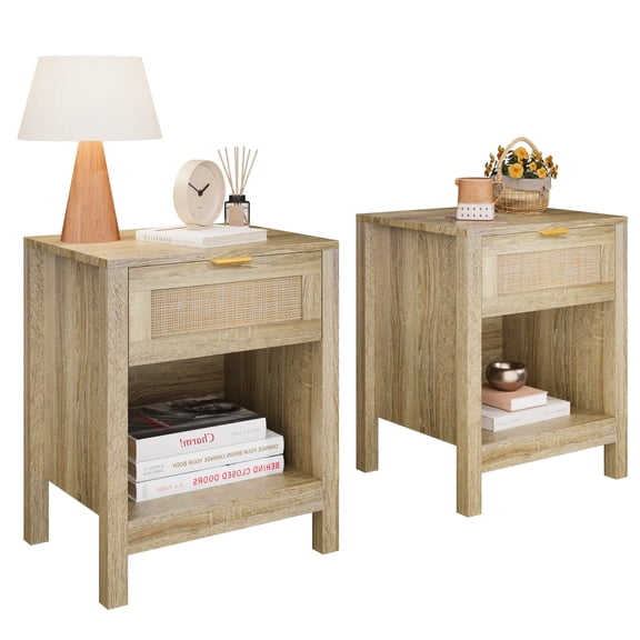 KIGOTY Rattan Nightstand Set of 2, Night Stand Bedside Table with Drawer, Farmhouse End Side Table with Open Shelf for Bed Room, Oak