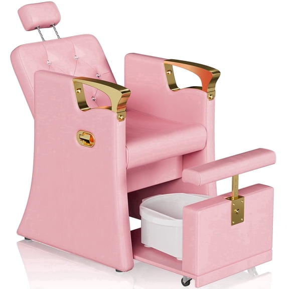 KIGOTY Reclining Pedicure Chair No Plumbing, Pedicure Station with Foot Bath & Hidden Platform, Adjustable Nail Salon Chair for Manicure PedicurePink-Gold