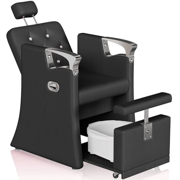 KIGOTY Reclining Pedicure Chair No Plumbing, Pedicure Station with Massage Foot Bath & Hidden Storage Platform, Height Adjustable Lift Spa Chair for Salon Home Nail Tech, Black-Silver
