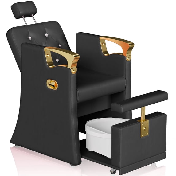KIGOTY Reclining Pedicure Chair No Plumbing, Pedicure Station with Massage Foot Bath & Hidden Storage Platform, Height Adjustable Lift Spa Chair for Salon Home Nail Tech, Black-Gold