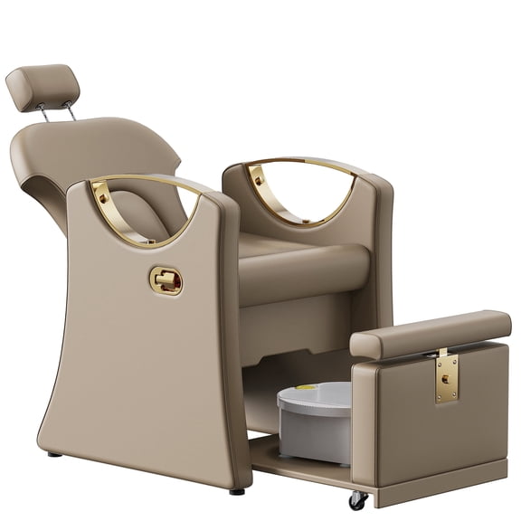 KIGOTY Reclining Pedicure Chair No Plumbing, Reclining Pedicure Station Unit with Massage Foot Bath & Hidden Storage Platform, Height Adjustable Lift Spa Chair for Salon Home Nail Tech, Gray-Gold