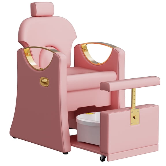 KIGOTY Reclining Pedicure Chair No Plumbing, Reclining Pedicure Station Unit with Massage Foot Bath & Hidden Storage Platform, Height Adjustable Lift Spa Chair for Salon Home Nail Tech, Pink-Gold