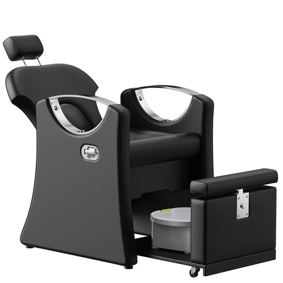KIGOTY Reclining Pedicure Chair No Plumbing, Reclining Pedicure Station Unit with Massage Foot Bath & Hidden Storage Platform, Height Adjustable Lift Spa Chair for Salon Home Nail Tech, Black-Silver