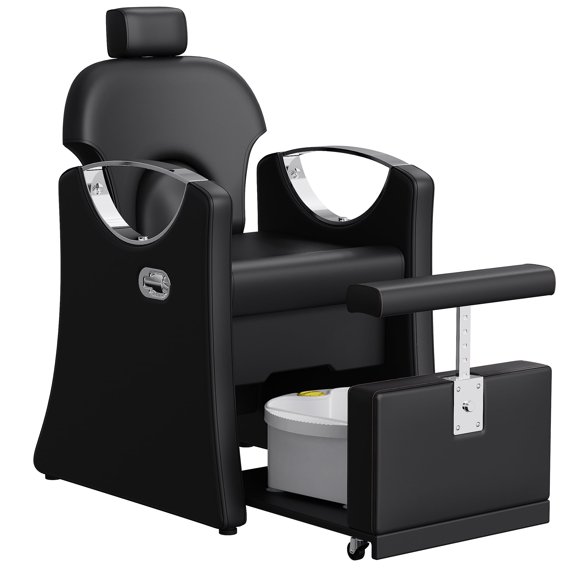 KIGOTY Reclining Pedicure Chair No Plumbing, Reclining Pedicure Station Unit with Massage Foot Bath & Hidden Storage Platform, Height Adjustable Lift Spa Chair for Salon Home Nail Tech, Black-Silver