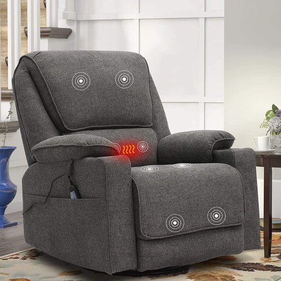 KIGOTY Rocking Recliner Chair, 360 Swivel Recliner with Massage and Heating, Dark Grey