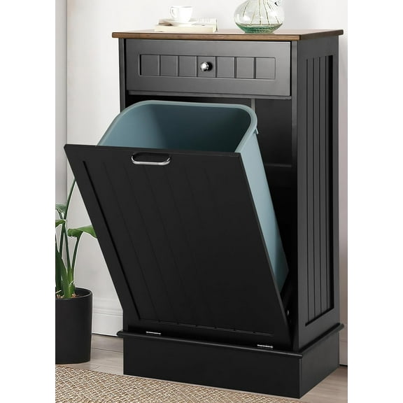 KIGOTY Tilt Out Trash Cabinet,Wooden Kitchen Trash Bin Holder Garbage Bin Recycling Cabinet Laundry Hamper with Solid Wood Countertop and Hideaway Drawer (Black)