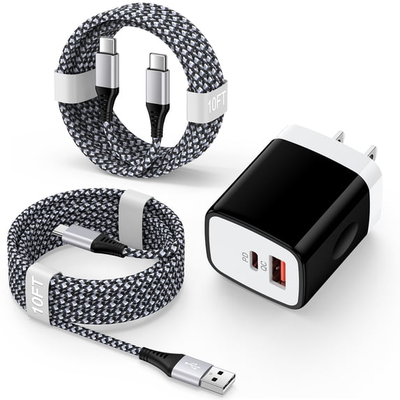 USB C Charger Block, KIGPOZI 2-Port 20W Type C Fast Charging Block with 10ft Type C Cable + USB C to C Charging Cords, Wall Charger Type C Charger USB C Block Fits for iPhone 17 16 15 Charger Black