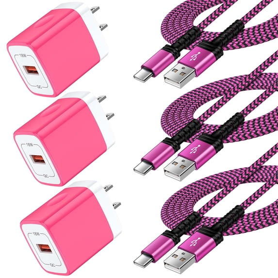 USB Fast Charger Block, 3PACK QC 18W Charging Block with 10FT USB C Cable Type C Cable Cord USB A to Usb C Cable, USB Wall Charger Plug Type C Charger Quick Android Charger USB Plug Adapter[Pink]