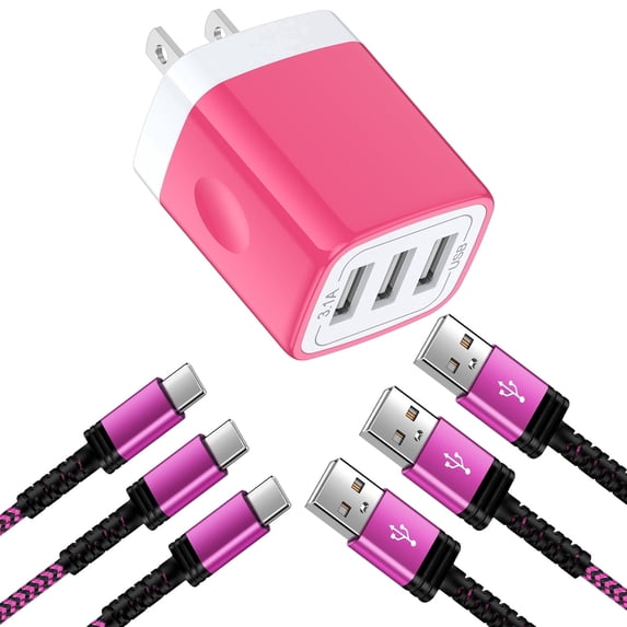 3 Port USB Wall Charger, Type C Charger with 3pcs 10FT USB C Cable Phone Cables Cables Type C Charging Cords, Android Charger USB Plug Power Station Charging Brick USB Charger Block[Pink]