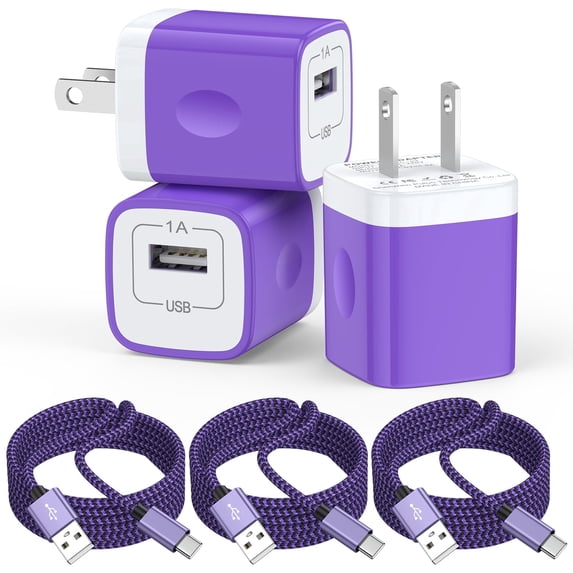 USB Wall Charger Block, 3 Pack KIGPOZI Type C Block with 6FT USB C Charging Cable Type C Cable Cord USB to Usb C Cable, USB Charging Block Android Charger USB Brick USB Plug Adapter[Purple]