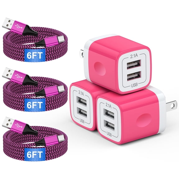 USB Charger Block, 3 Pack USB Wall Charger with 6FT Type C Charger Cable Cord USB-C Charging Cable, Dual Port Phone Charger Android Fast Charging Block USB Plug Adapter USB Charging Block[Pink]