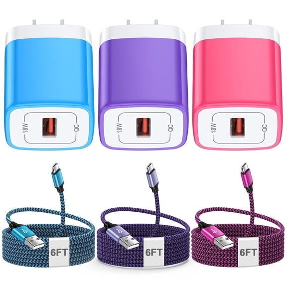 3Pack USB Wall Charger, 18W Fast Charging Block with 6FT USB C Cable Fast Charging Cable Cord Usb C Cable Phone Cables, Type C Charger Plug Quick Android Charger USB Plug Adapter[Multicolor]