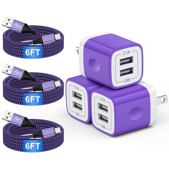 USB Charger Block, 3 Pack USB Wall Charger with 6FT Type C Charger Cable Cord USB-C Charging Cable, Dual Port Phone Charger Android Fast Charging Block USB Plug Adapter USB Charging Block[Purple]
