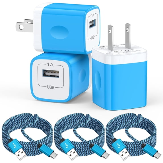USB Wall Charger Block, 3 Pack KIGPOZI Type C Charger with 6FT USB C Charging Cable Type C Cable Cord USB to Usb C Cable, USB Charging Block Android Charger USB Brick USB Plug Adapter[Blue]