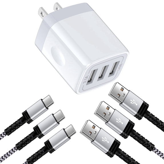 3 Port USB Wall Charger, Type C Charger with 3pcs 10FT USB C Cable Phone Cables Cables Type C Charging Cords, Android Charger USB Plug Power Station Charging Brick USB Charger Block[White]
