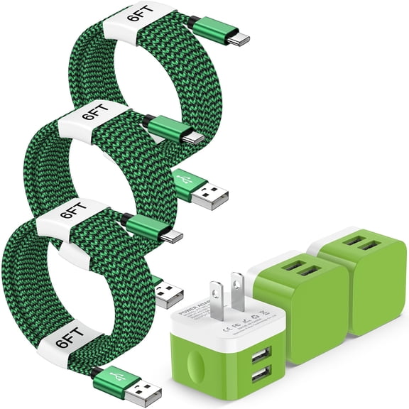 USB Wall Charger,3 Pack Type C Charger Block with 6FT Type C Charging Cable Cord USB C Cable Phone Cables,2.4A Dual Port Phone Charger Android Charger Block USB Plug Adapter USB Charging Block,Green