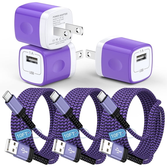 KIGPOZI USB Wall Charger, 3 Pack Type C Charger with 10FT Type C Cable Cord USB C Charging Cable USB A to Usb C Cable, Android Charger USB Charging Block USB Brick USB Plug Adapter[Purple]