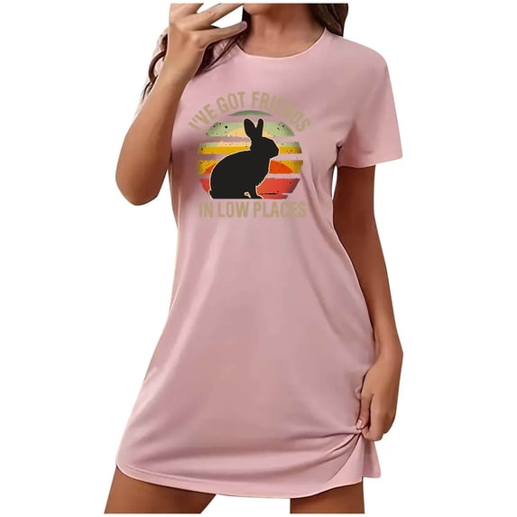 KIHOUT 2024 Fashion Black Round Neck Top Nightdress for Women Rabbit Pringted Short Sleeve Loose Slim Long T-Shirt Home Casual Ladies Regular Pajamas Nightgown S-2XL