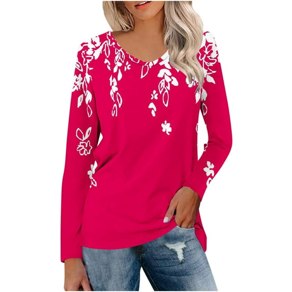 KIHOUT 2024 Summer Clearance Plus Size Womens Casual Tops Shirts Round Neck Printed Blouses For Women Fashion Long Sleeve Graphic Tunic Tees