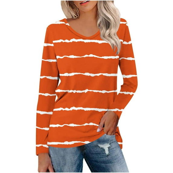 KIHOUT 2024 Summer Plus Size Womens Casual Tops Shirts Round Neck Stripe Printed Blouses for Women Fashion Long Sleeve Graphic Tunic Tees
