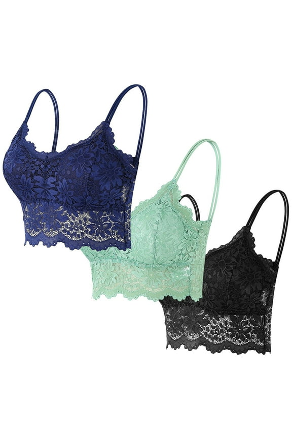 3PCS Women's Lace Bralette - Strappy Backless Anti-Slip Camisole Bra, Floral Lace Lingerie for Daily Wear & Layering (S-XL)