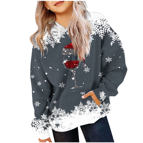KIHOUT 4-14Y Kids Christmas Wine Glass Hoodie | Girls Snowflake Print Fleece-Lined Sweatshirt with Sparkly Wine Glass & Snowflakes, Hooded Long Sleeve Pocket Top