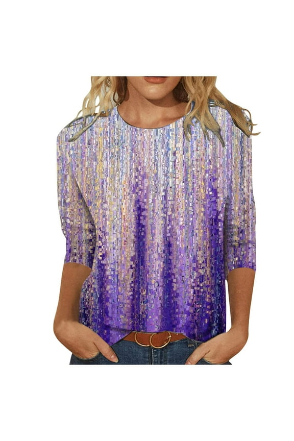 Autumn And Winter Women's Gorgeous And Colorful Style T-shirt Half Price Promotion Fashion Printed 3/4 Sleeves Blouse Round Neck Casual Tops