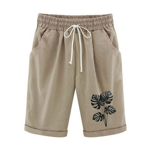 KIHOUT Bermuda Shorts for Women Knee Length Women Printed Elastic Waist Drawstring with Casual Pockets Shorts, Size S-2XL