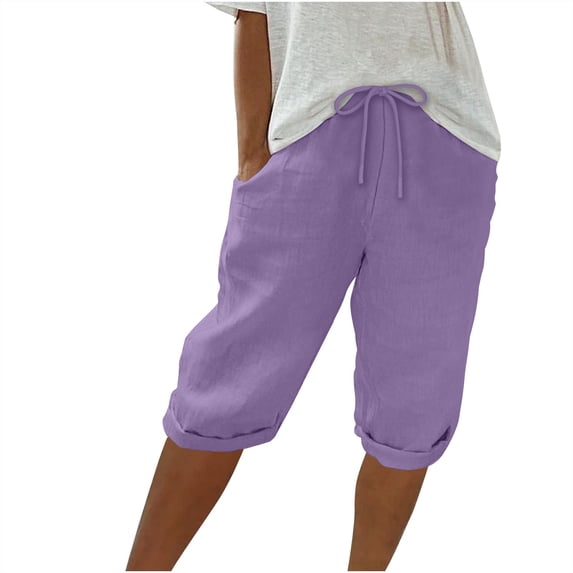 KIHOUT Bermuda Shorts for Women Knee Length Women's Solid Color Cotton Linen Summmer Drawstring Shorts, Size S-3XL