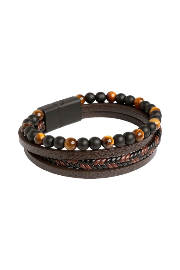 Men's Woven Leather Bracelet Hand Woven Stone Beaded Men's Leather Magnetic Titanium Steel Bracelet Hand