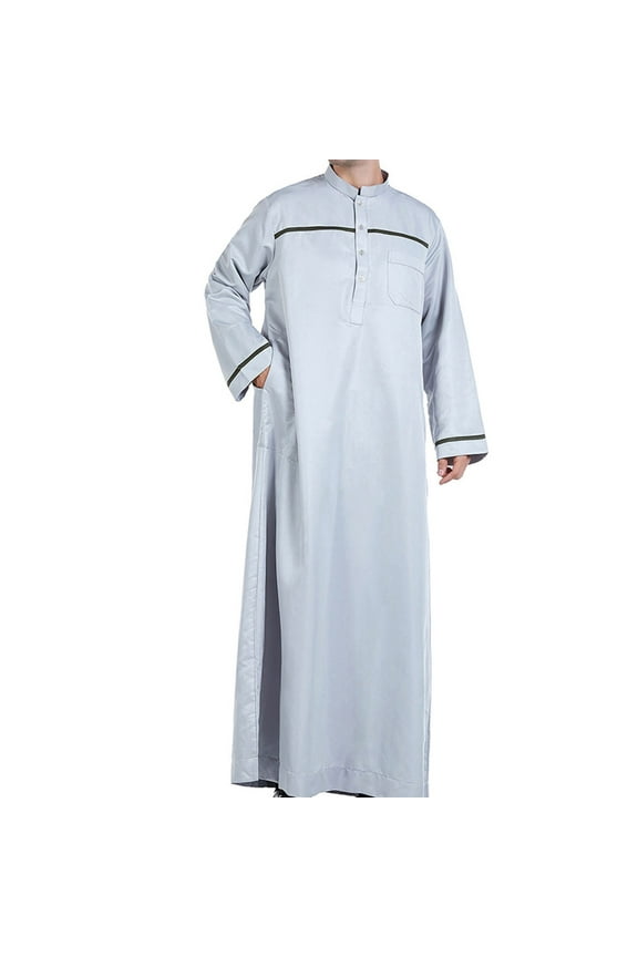 Men's and Big Men's Long Sleeve Shirt Standing Neck Pocket Long Shirt Muslim Robe Arab Middle Robe Long Style Embroidered