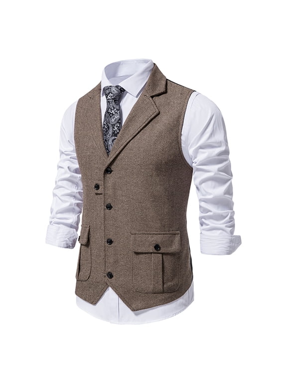 Mens Western Herringbone Suit Vest Wool Blend Slim Fit Waistcoat Lapel Vest Men's Coat