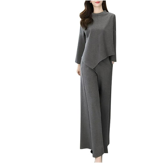 KIHOUT Women Comfortable Casual Put Together Color Long Sleeve Round-Neck Blouse + Pocket Long Pants Sets