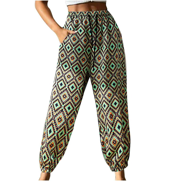KIHOUT Clearance Women's Casual Printed Elastic Waist Tunic Cropped Lantern  Pants 