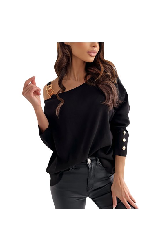 Women's Casual Round Neck Solid Color Leaking Shoulder Long Sleeve Pullover Tops Blouses