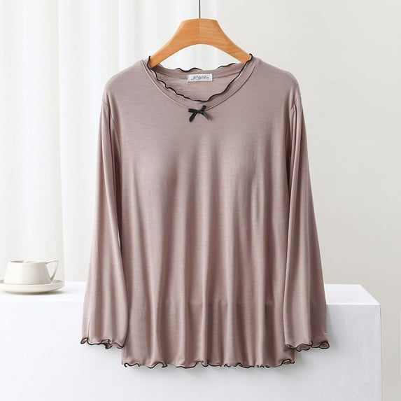KIHOUT Women's Household Blouse T-shirt Solid Color Round Neck Long Sleeved Pajama Comfortable Base for External Wear