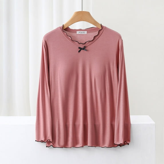 KIHOUT Women's Household Blouse T-shirt Solid Color Round Neck Long Sleeved Pajama Comfortable Base for External Wear