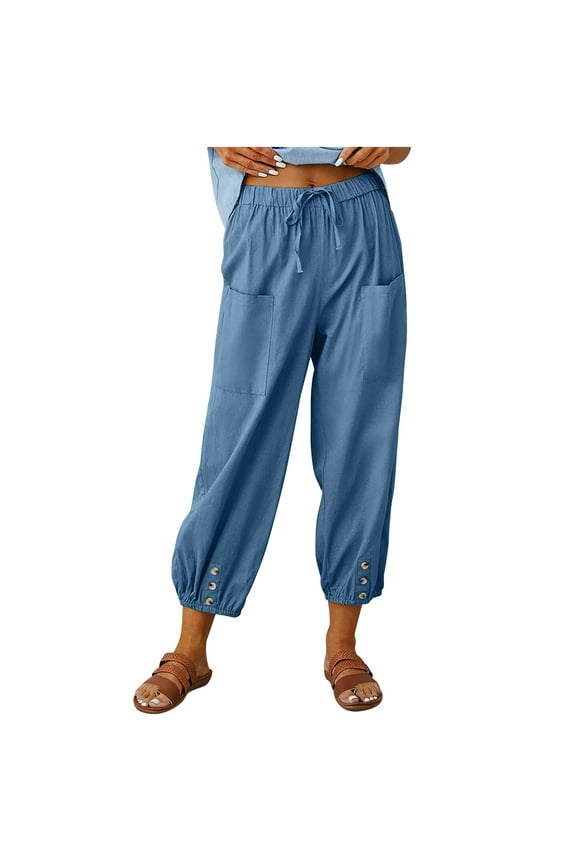 Women's Plus Size Pants Summer Casual Loose Pocket Solid Trousers Pants