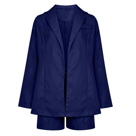 KIHOUT Women's Solid Color Long Sleeve Turndown Collar Coat Casual Short Pants Belt Three Piece Set