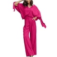 thumbnail image 1 of KIHOUT Clearance Women's Spring And V-Neck Solid Color Temperament Loose Pure Three Quarter Sleeves Bat-Shirt Knotted High Waist Wide Leg Trousers Two-Piece Set, 1 of 8