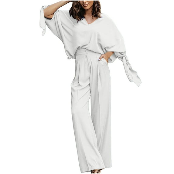 KIHOUT Clearance Women's Spring And V-Neck Solid Color Temperament Loose Pure Three Quarter Sleeves Bat-Shirt Knotted High Waist Wide Leg Trousers Two-Piece Set