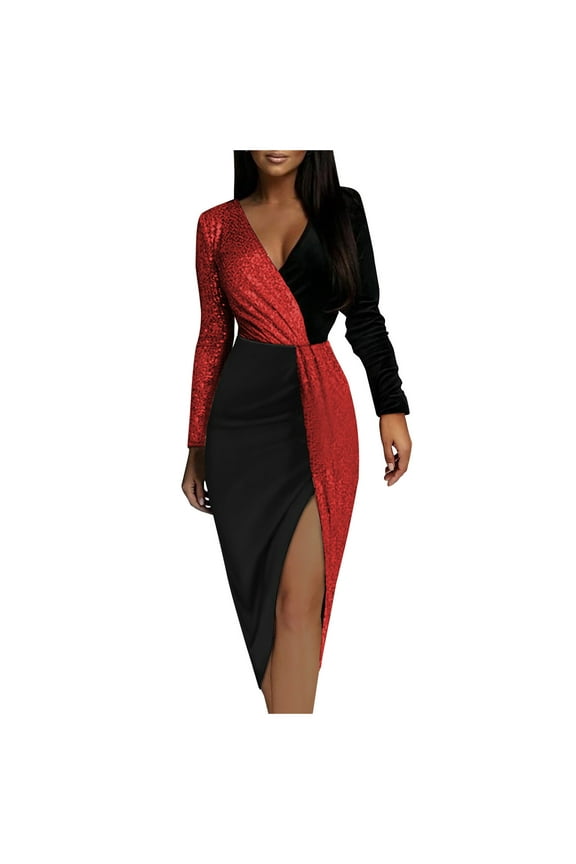 Womens Long Sleeve Dresses Fashion Women Casual Buttocks V-Neck Zipper Patchwork Long Leeve Dress