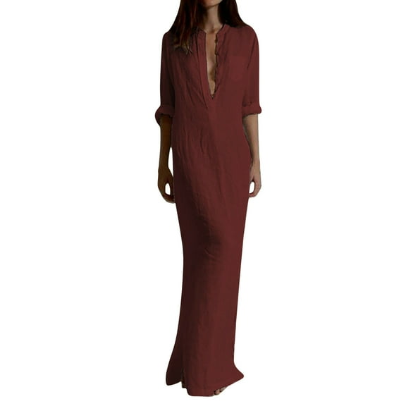 KIHOUT Womens Long Sleeve Dresses Women Fashion Casual Soild Long Sleeve V-Neck Floor-Length Dress