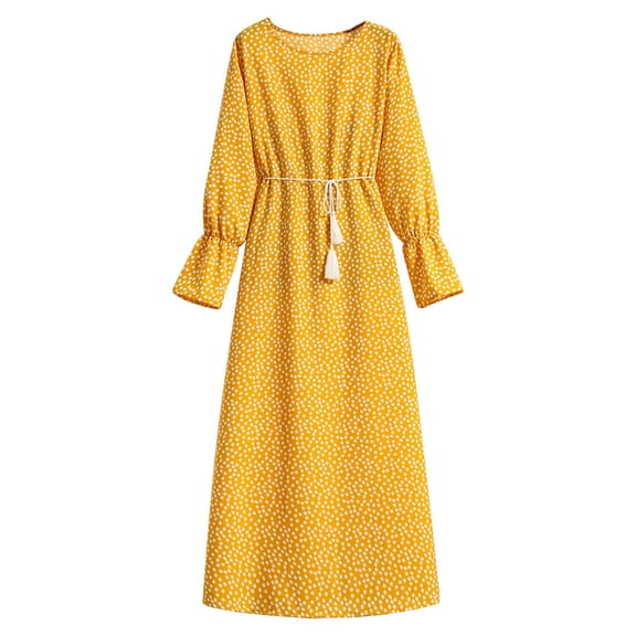 KIHOUT Womens Long Sleeve Dresses Women's Fashion Autumn Dresses Crewneck Floral Print Long Sleeves Belt Chiffon Dress